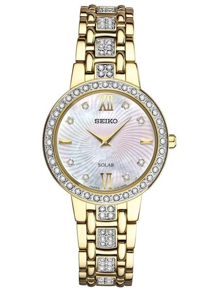 Seiko Ladies Solar Dress Watch with Swarovski Crystals, Mother of Pearl Dial #SUP364