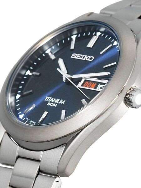 Seiko Quartz Blue Dial Watch with 37mm Titanium Case and Folded Bracelet #SGG709