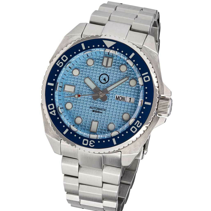 Islander Ice Blue Waffle Dial Automatic Dive Watch with AR DD Sapphire Crystal, and Luminous Ceramic Bezel Insert #ISL-67