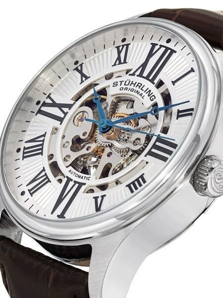 Stuhrling 42mm Atrium Automatic Watch with Semi-Skeleton, Silver-White Dial #747.01