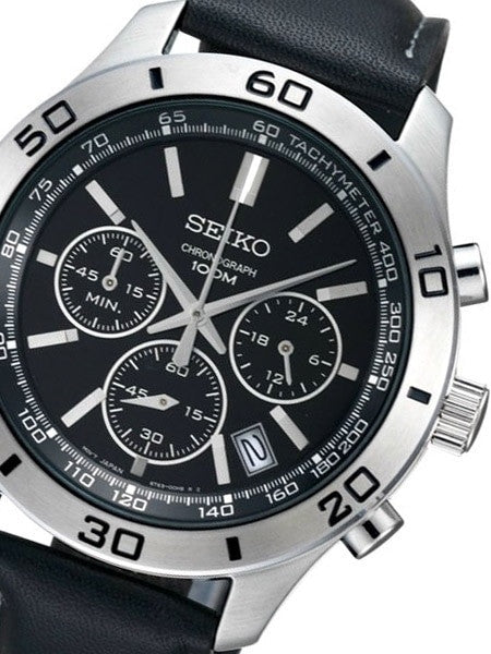 Seiko Quartz Chronograph with 24-hour Sub-Dial on a Black Leather Strap #SSB049p2
