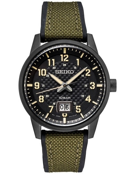 Seiko 41mm Big Date Quartz Sport Watch with Carbon Fiber Style Dial #SUR325