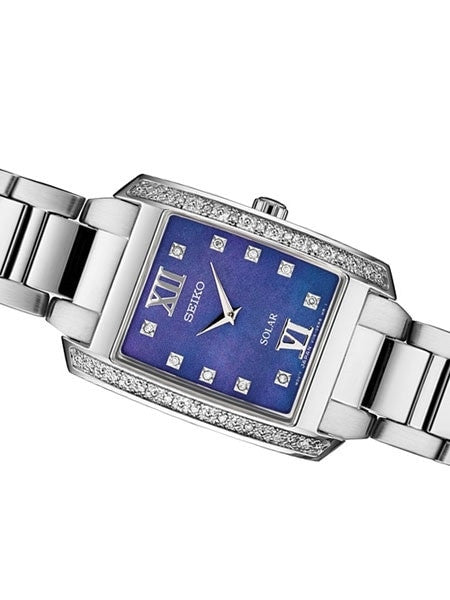 Seiko Women's Solar Dress Watch with 28 Diamonds, Blue Mother of Pearl Dial #SUP401