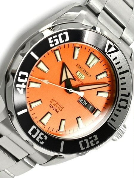 Scratch and Dent - Seiko 5 Sports Automatic 24-Jewel Watch with Orange Dial and SS Bracelet #SRPC55K1