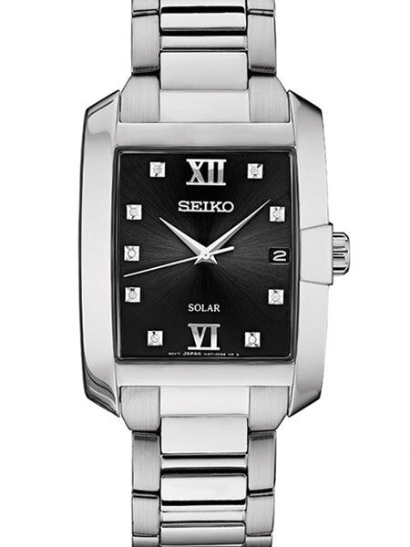 Seiko Solar Watch with Stainless Steel Case and Nine Diamonds on the Dial #SNE461