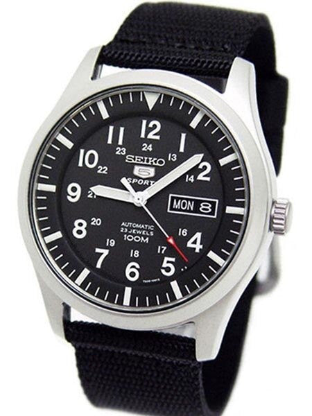 Scratch and Dent - Seiko Military Black Dial Automatic Watch with 40mm Case, Black Canvas Strap #SNZG15K1