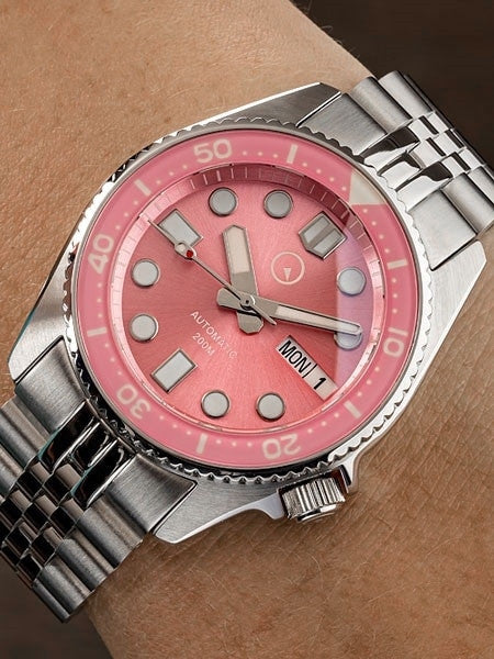 Islander 38mm Automatic Pink Dive Watch with Solid-Link Bracelet, AR Double Dome Sapphire Crystal, and Luminous Sapphire Bezel Insert #ISL-52