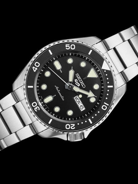 Seiko 5 Sports 24-Jewel Automatic Watch with Black Dial and SS Bracelet #SRPD55
