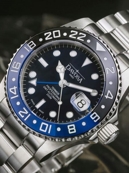 Davosa Ternos Swiss Automatic 200 Meter GMT Dual-Time Watch with "Batman" Ceramic Bezel #16157145
