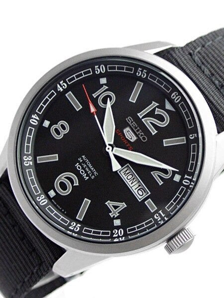 Seiko Sports 5 Black Dial 24-Jewel Automatic Watch with 44mm Case, Canvas Strap #SRP625K1