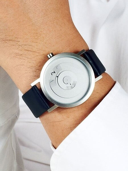 Projects 40mm Silver Reveal Quartz Watch with Black Leather Strap #7203GL-40