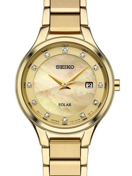 Seiko Ladies Solar Goldtone Dress Watch with Diamond Hour Markers #SUT320