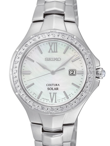 Seiko Ladies Coutura Solar Dress Watch with Mother of Pear Dial and Diamond Bezel #SUT239