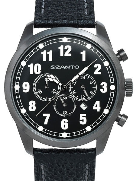 Szanto 46mm Black Ion Plated Vintage Inspired Chronograph Watch, 24-Hr Sub-Dial #2001