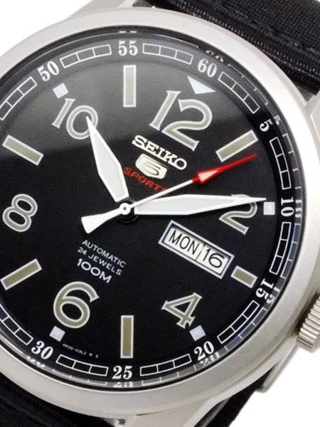 Seiko Sports 5 Black Dial 24-Jewel Automatic Watch with 44mm Case, Canvas Strap #SRP625K1