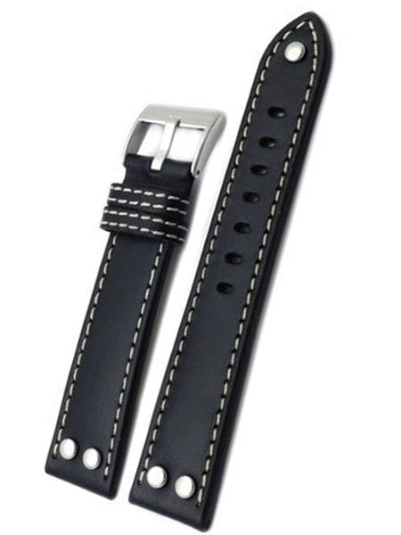 Aviator Style Black Leather Strap with Rivets and Contrast Stitching #EBV-ST-22730