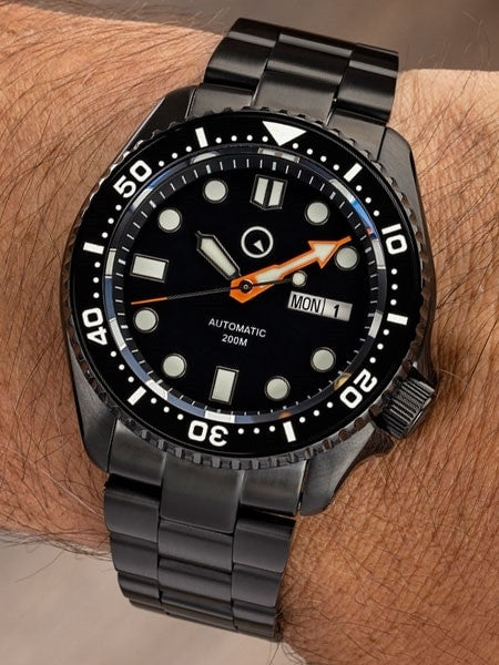 Islander Black Dial Automatic Dive Watch with DLC Case and Bracelet, AR Sapphire Crystal, and Luminous Ceramic Bezel Insert #ISL-34