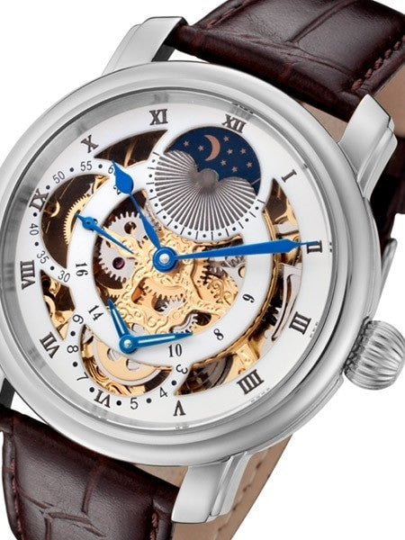 Rougois Dual Time Zone Skeleton Hand Winding Watch with Day/Night Dial RG305GS-BR