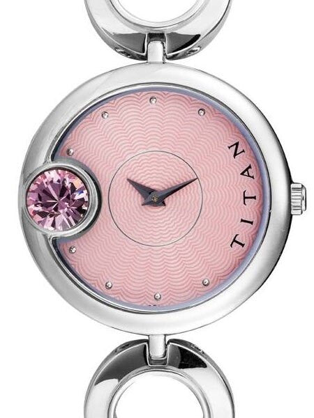 Titan Ladies Pink Dial Quartz Watch with Purple Crystal and Stainless Steel Bracelet #2503SM01