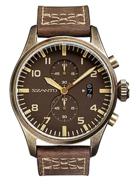 Szanto 44mm Antique Bronze Ion Plated Case, Military Chronograph Watch #4003