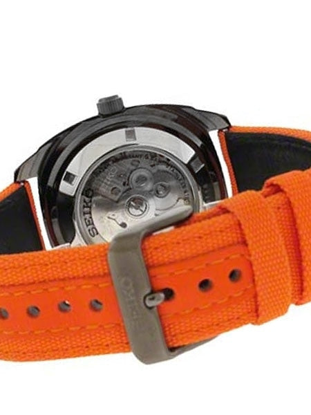 Seiko Recraft Series Automatic Watch with 43.5mm Black PVD Case, Orange Canvas Strap #SNKN39