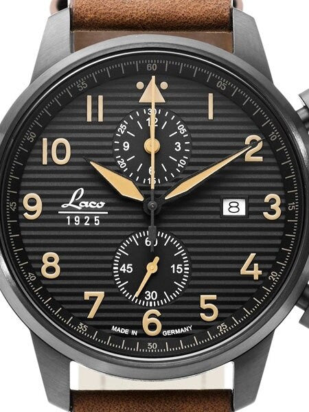 Laco Engadin Two-Eye Chronograph Watch with 42mm PVD Case and Corrugated Dial #861976