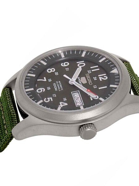 Seiko Military Dark Green Dial Automatic Watch with 42mm Case, Green Canvas Strap #SNZG09K1