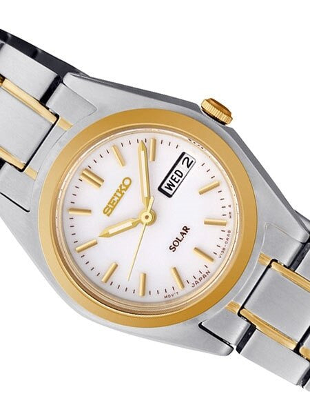Seiko Two-Tone Women's Solar Dress Watch with White Dial, Goltone Hands and Markers #SUT108