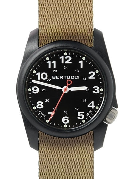 Bertucci A-1R Field Comfort watch with fiber reinforced polycarbonate Unibody case, Khaki Nylon Strap, Black Dial #10502
