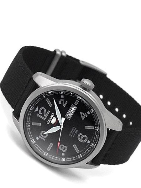 Seiko Sports 5 Black Dial 24-Jewel Automatic Watch with 44mm Case, Canvas Strap #SRP625K1