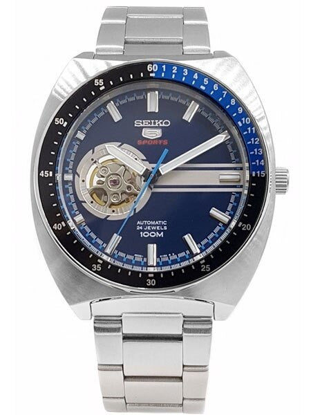 Seiko 44mm Sports 5 Automatic 24-Jewel Watch with an Open Heart Blue Dial #SSA327K1