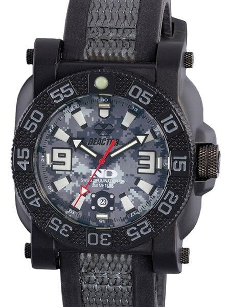 Reactor Gryphon Watch with Never Dark Illumination, Black Nitromid Polymer, Steel Core Case and Rubber Strap #73825