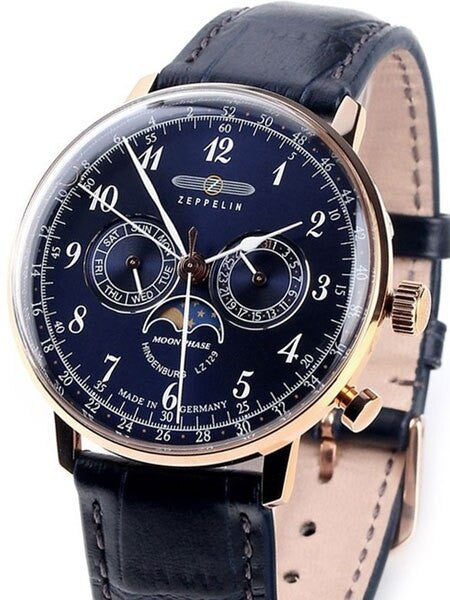 Graf Zeppelin Hindenburg Swiss Quartz Moonphase Calendar Watch #7038-3