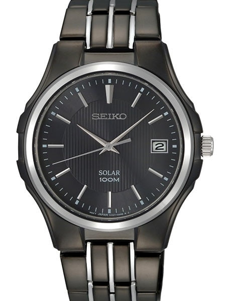Seiko Solar Watch with 39mm Black Ion-Plated Stainless Steel Case and Bracelet #SNE125