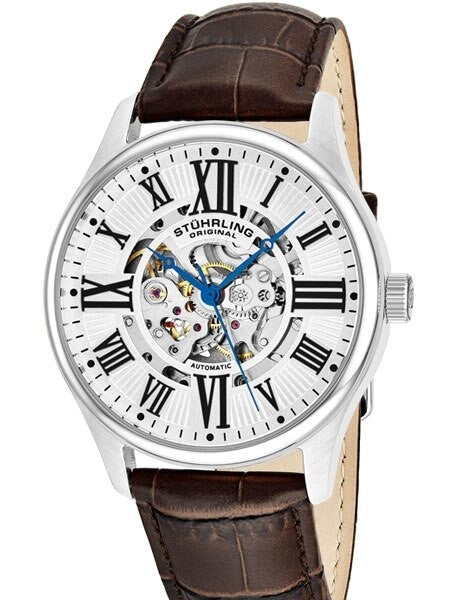 Stuhrling 42mm Atrium Automatic Watch with Semi-Skeleton, Silver-White Dial #747.01