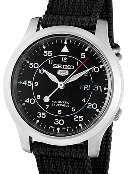 Scratch and Dent - Seiko 5 Military Black Dial Automatic Watch with Back Canvas Strap #SNK809K2