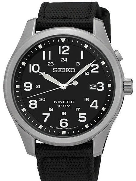 Seiko Kinetic Watch with a 43mm Stainless Steel Case, Black Dial, and Power Reserve #SKA727P1