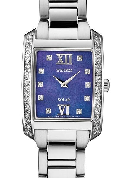 Seiko Women's Solar Dress Watch with 28 Diamonds, Blue Mother of Pearl Dial #SUP401