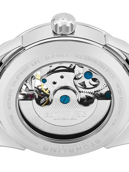 Stuhrling automatic dual time watch with 42mm case, semi-skeleton dial, black leather strap #657.01