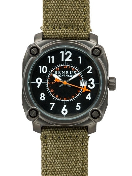 BENRUS 43mm Stainless Steel, Military-Inspired Quartz Nighthawk Watch #BR002A