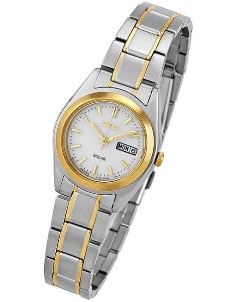 Seiko Two-Tone Women's Solar Dress Watch with White Dial, Goltone Hands and Markers #SUT108