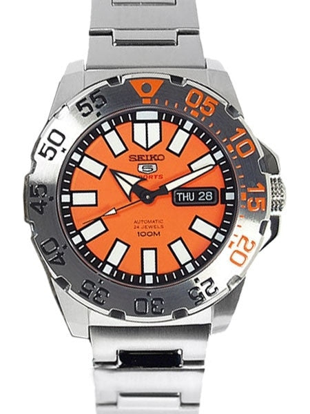 Seiko 43mm Sports 5 Automatic 24-Jewel Watch with Day and Date, Orange Dial #SRP483K1