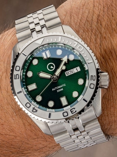 Islander Green Dial Automatic Dive Watch with Bracelet, Double-Domed AR Sapphire Crystal, and Embossed Ceramic Bezel Insert #ISL-44