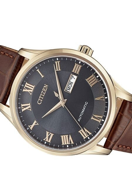 Citizen Automatic Charcoal Dial Watch with Brown Leather Strap #NH8363-14H