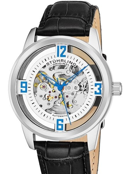 Stuhrling 42mm Skeleton Automatic Dress Watch with Vibrant Blue Hands #877.01