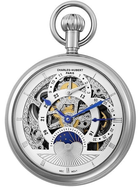 Charles-Hubert Mechanical Dual Time Pocket Watch with Sun-Moon Dial #3816W