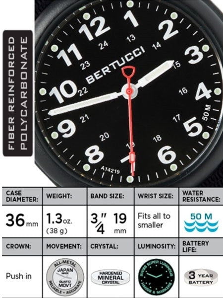 Bertucci A-1R Field Comfort watch with fiber reinforced polycarbonate Unibody case, Black Nylon Strap, Black Dial #10500