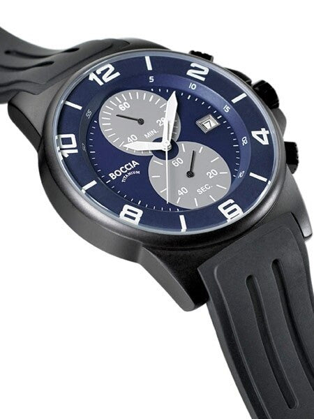 Boccia Navy Blue Dial Quartz Chronograph with Black 45mm Titanium Case and Rubber Strap #3777-13