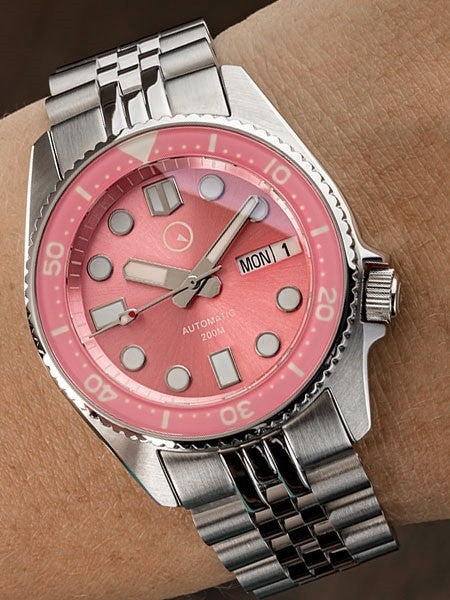 Islander 38mm Automatic Pink Dive Watch with Solid-Link Bracelet, AR Double Dome Sapphire Crystal, and Luminous Sapphire Bezel Insert #ISL-52