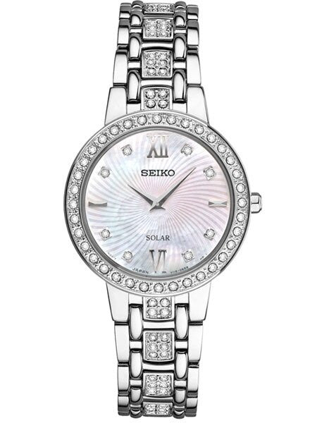 Seiko Ladies Solar Dress Watch with Swarovski Crystals, Mother of Pearl Dial #SUP359